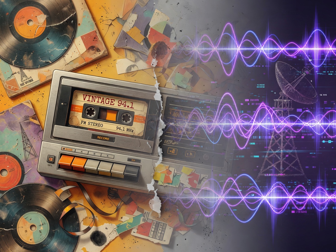 An artistic split-screen composition blending a vintage cassette deck and vinyl records fading into glowing digital sound waves, a retro label reading Vintage 94.1