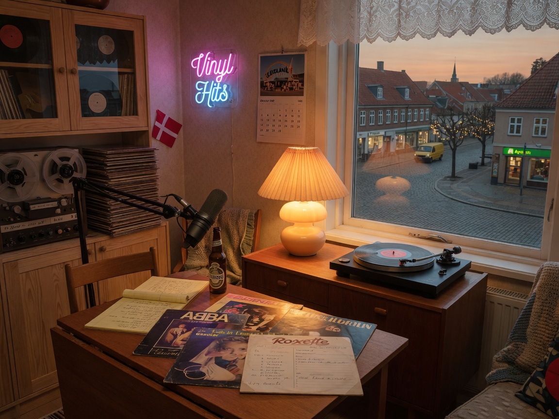 Retro Danish living room radio studio with stacked vinyl records and a Vinyl Hits neon sign