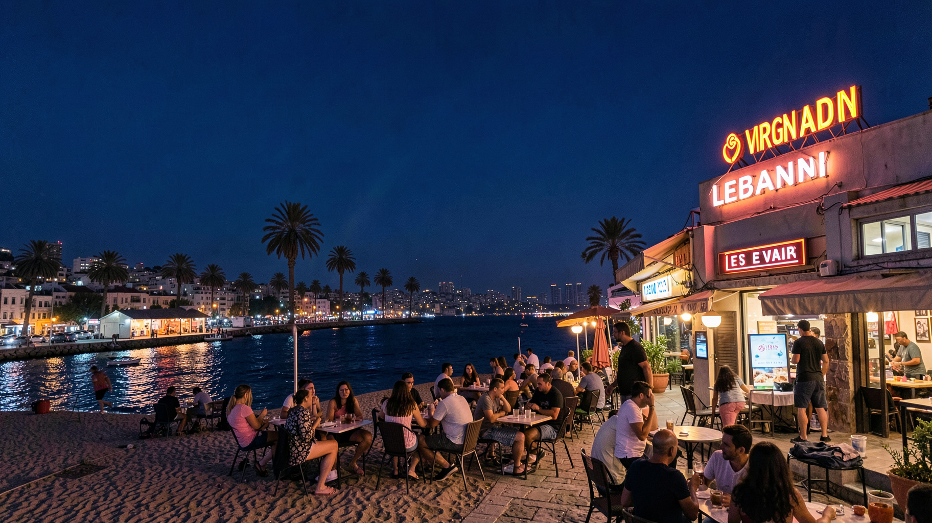 Beirut corniche at night with a rooftop sign reading Virgin Radio Lebanon
