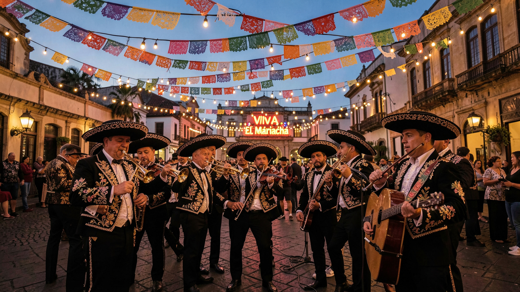 A mariachi band at Plaza Garibaldi at dusk under a neon sign reading Viva El Mariachi