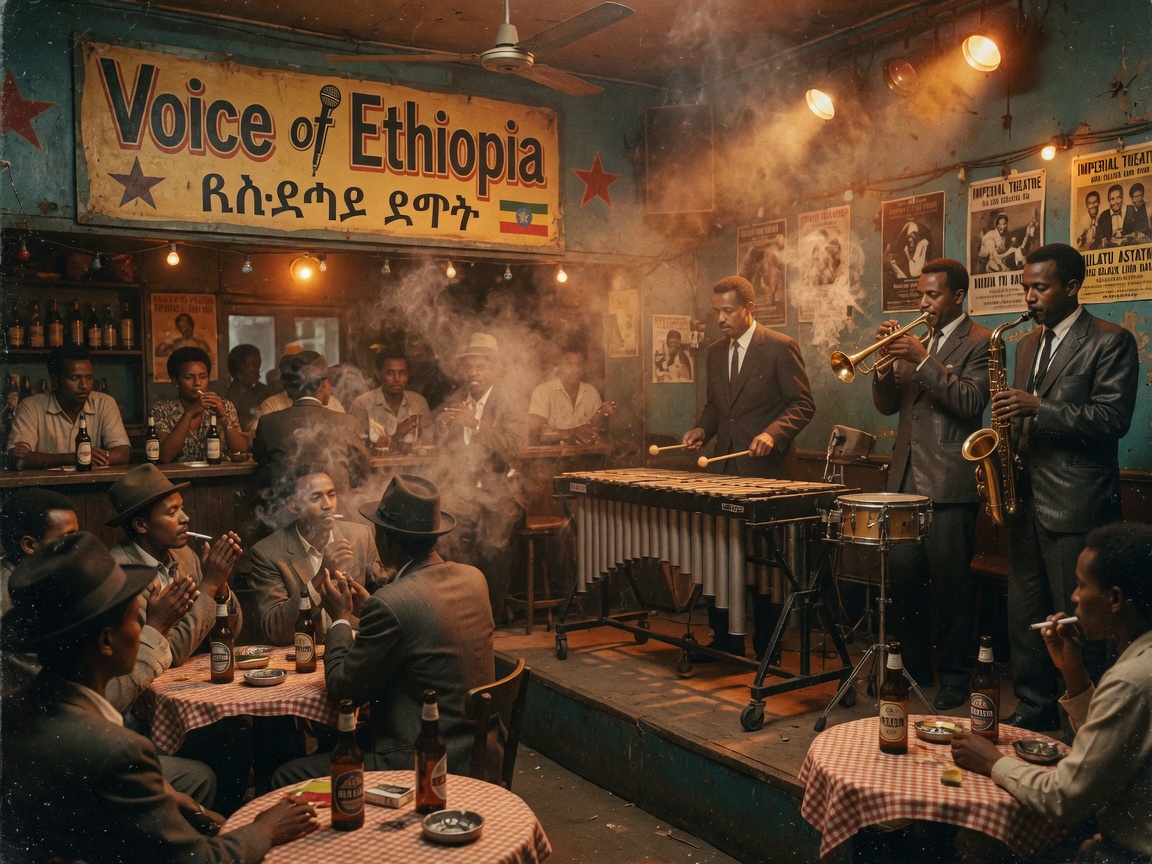 A smoky 1960s Addis Ababa jazz club with a vibraphone player on stage, representing Voice of Ethiopia