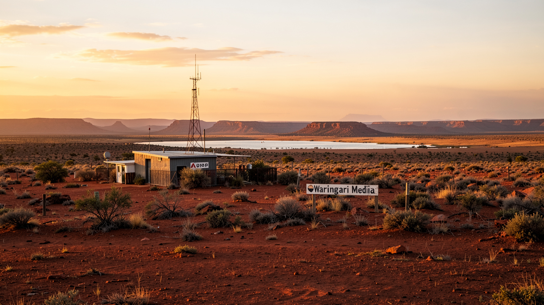 Red ochre East Kimberley landscape at sunset with a remote Waringarri Media radio station