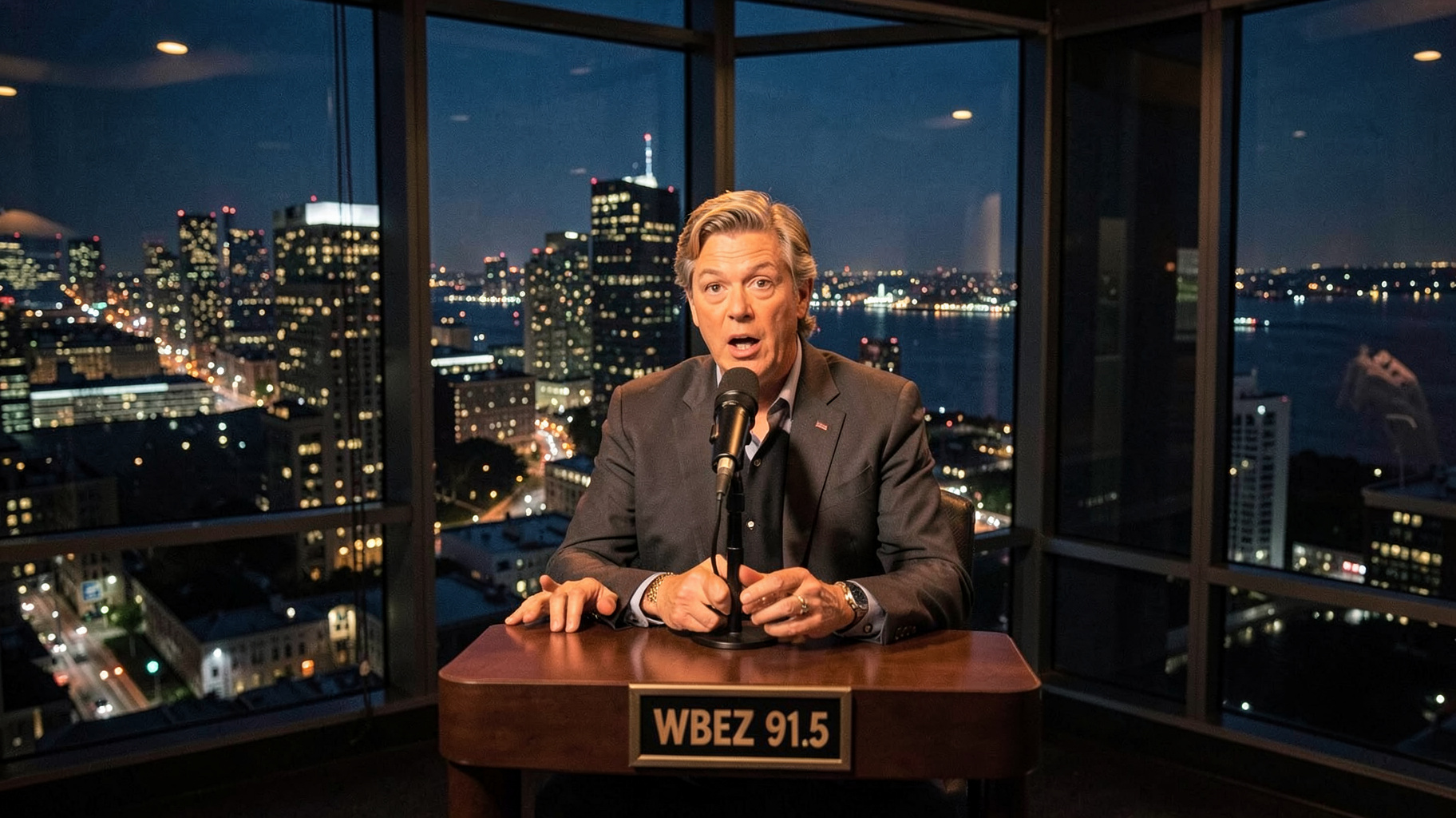 A public radio studio overlooking the Chicago skyline at night