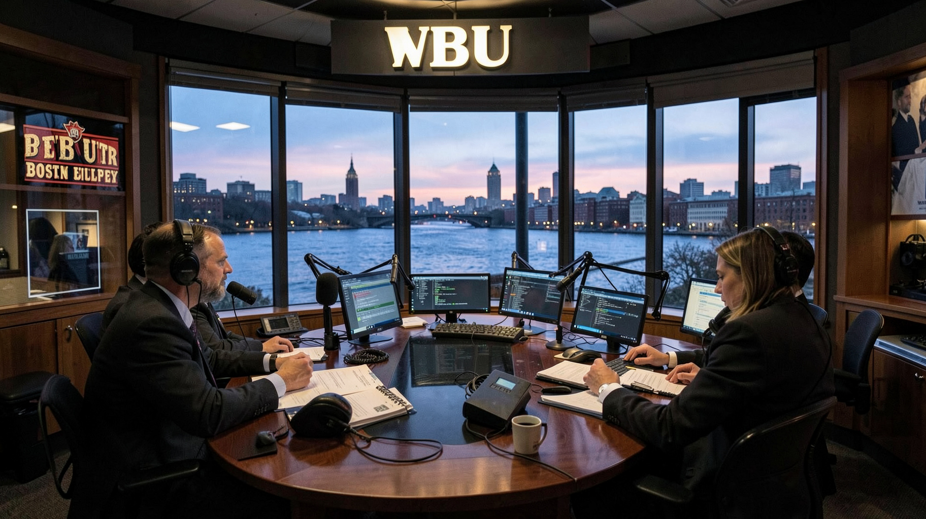 A Boston University public radio newsroom overlooking the Charles River, with a sign reading WBUR