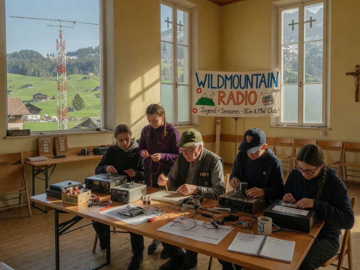 Teenagers and an amateur radio operator assembling equipment inside a Swiss village church hall, with an antenna mast visible against alpine hills outside, a Wildmountain Radio banner on the wall