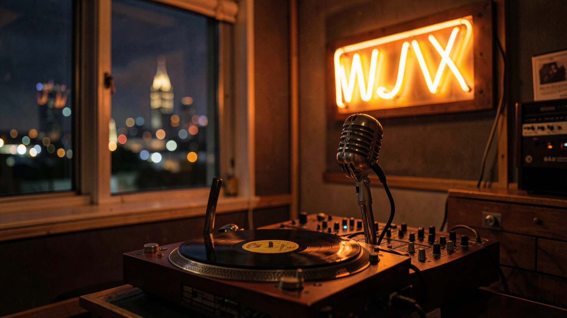 A cozy suburban Chicago radio studio at night with a vintage microphone and turntable, a glowing WJVX sign on the wall