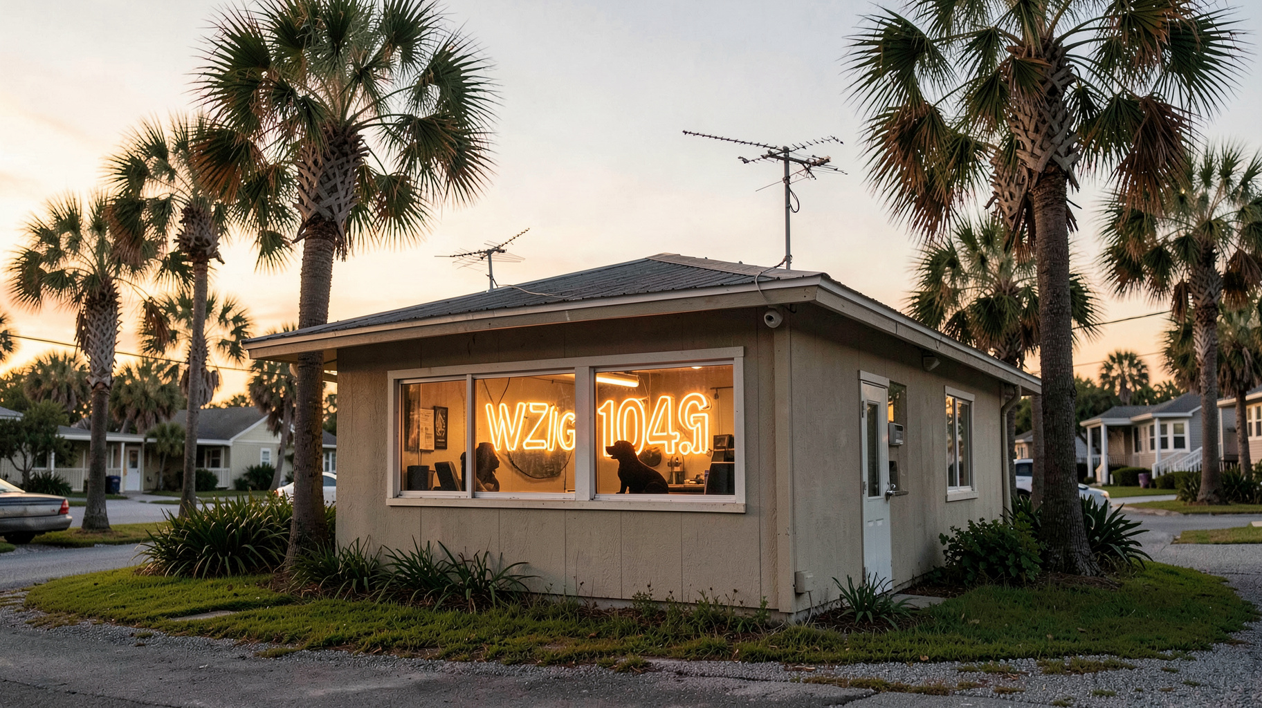 A small radio station building surrounded by palm trees at golden hour with a sign reading WZIG 104.1