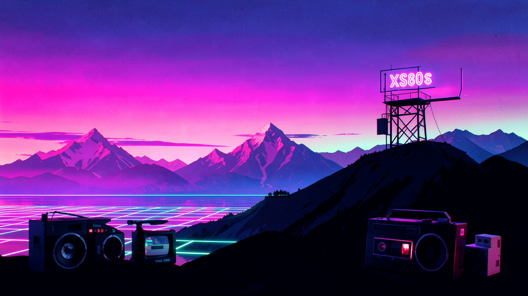 A retro synthwave sunset over New Zealand's Southern Alps with a hilltop transmission tower reading XS80s