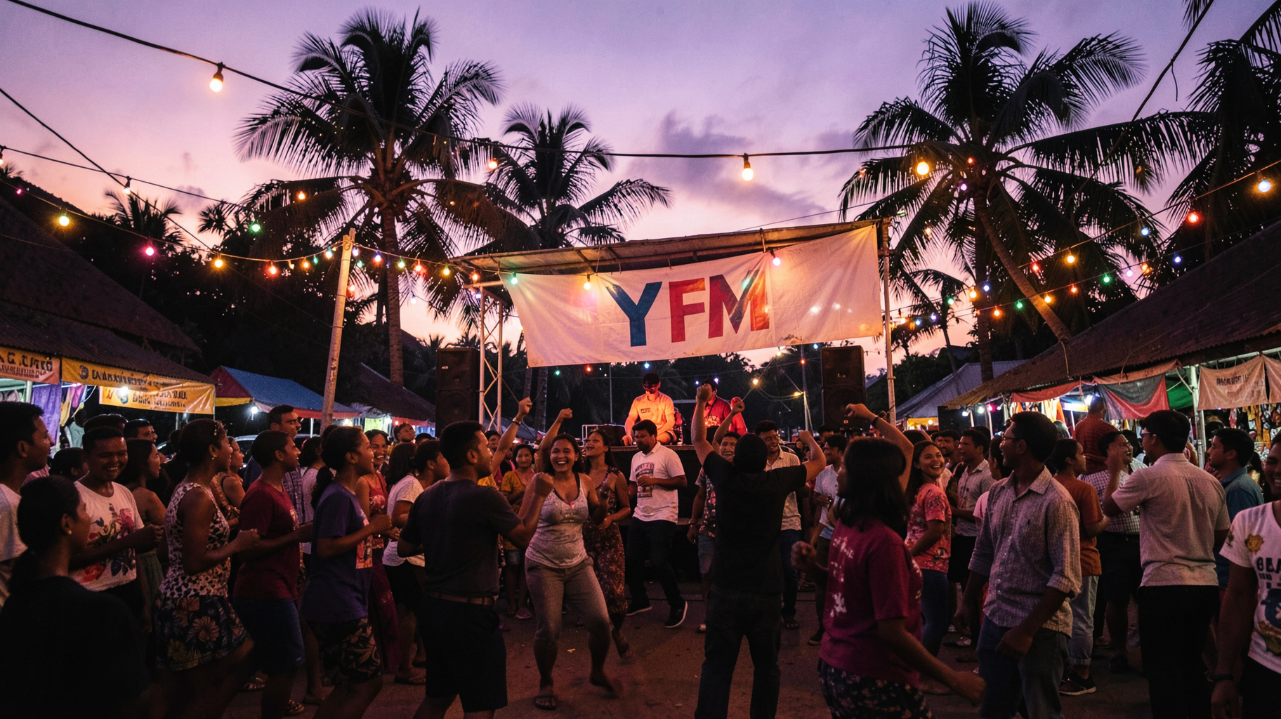 A lively youth street festival in Colombo with a banner reading Y FM above a stage