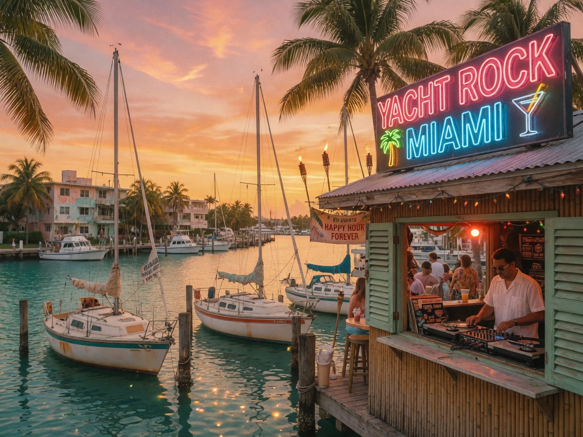 Sunset over a Miami marina with a glowing Yacht Rock Miami neon sign on a waterfront tiki bar