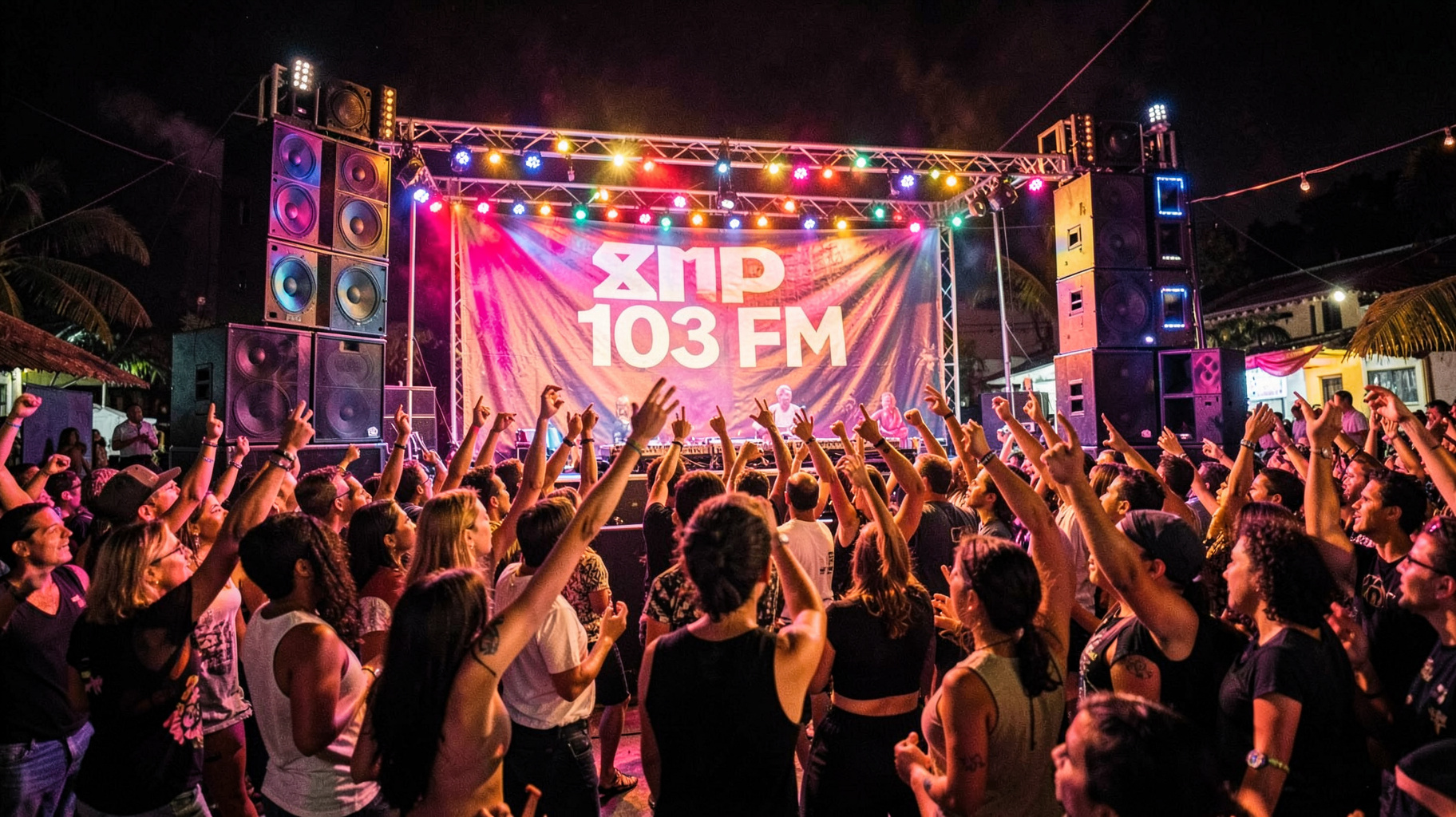 A vibrant Kingston street dance party at night with a banner reading ZIP 103 FM