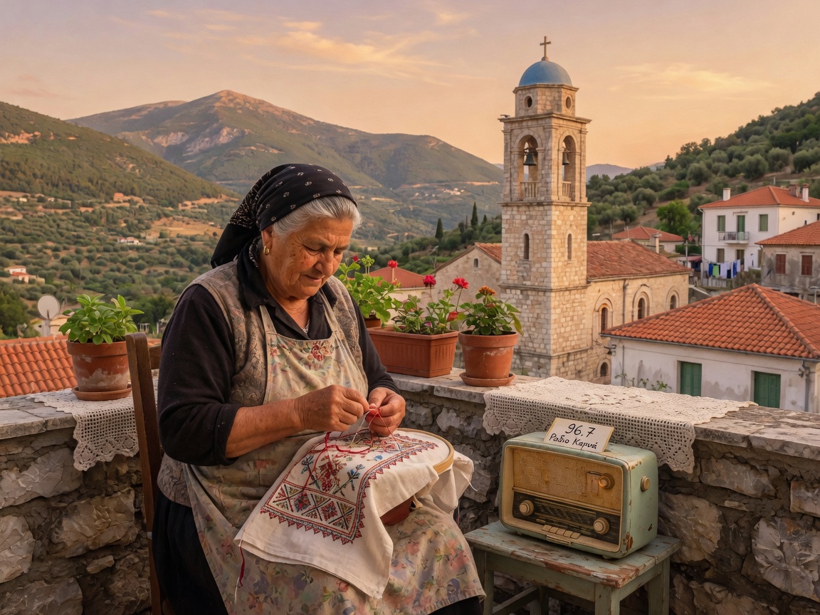 An elderly woman hand-stitching traditional embroidery on a stone balcony in Karya, Lefkada, representing 96.7 Lefkada radio