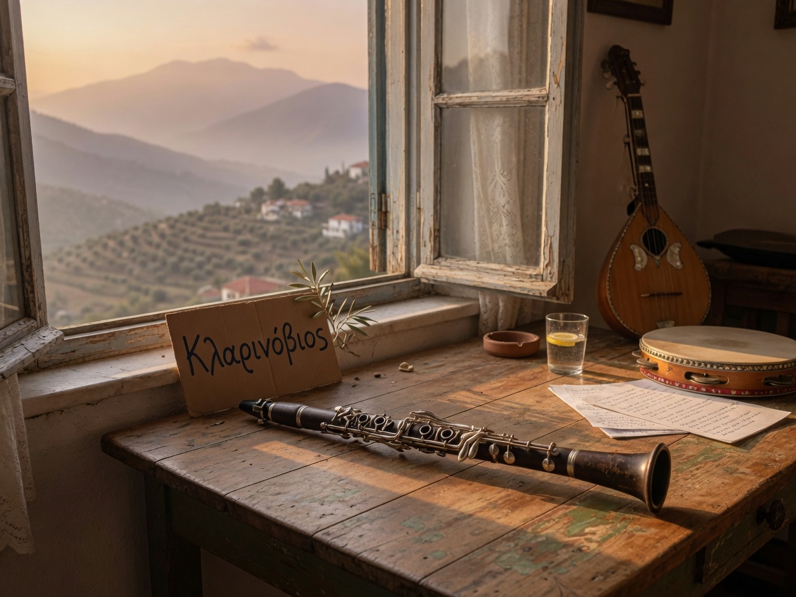 A wooden clarinet resting by a window overlooking the misty mountains of Epirus, Greece