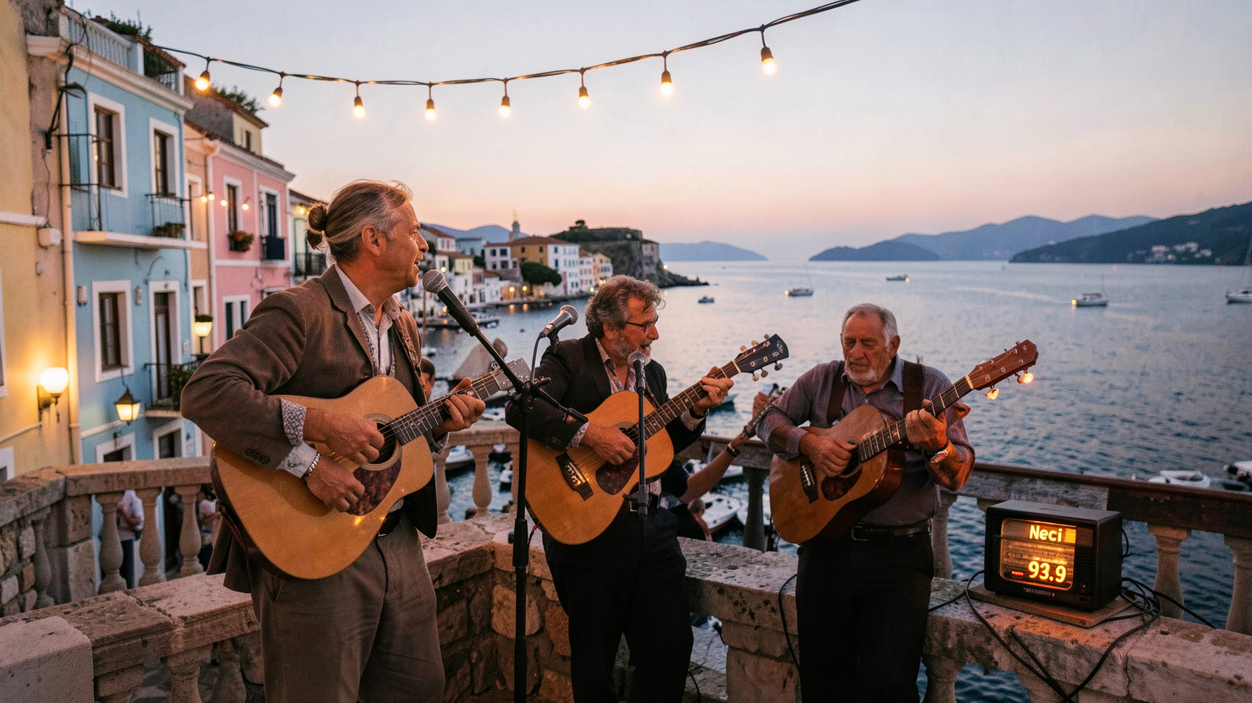 Three men singing a traditional kantada serenade on a stone balcony in a Kefalonia harbor town at dusk
