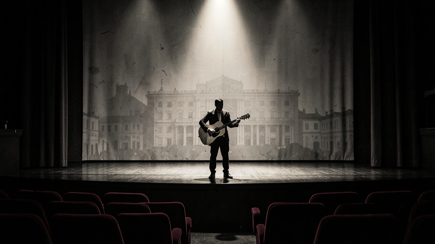 A lone performer silhouette with an acoustic guitar on a bare Soviet-era theatre stage under a single spotlight