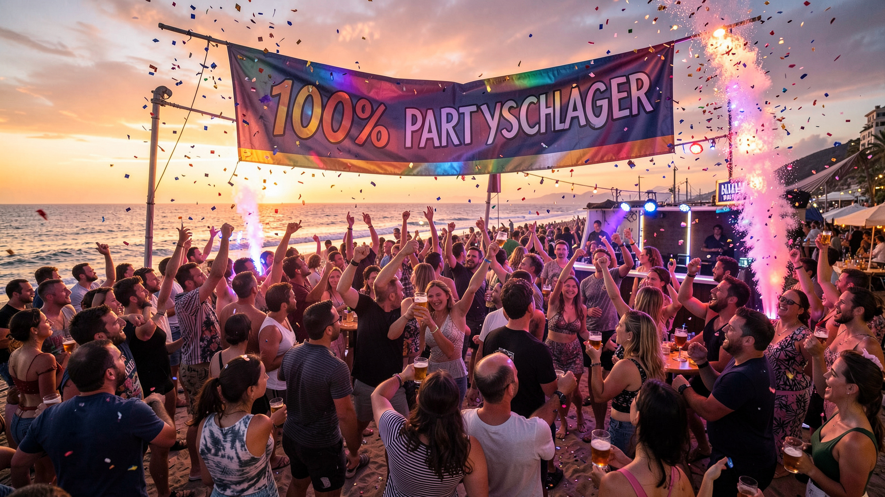 A raucous beach party in Mallorca at sunset with a banner reading 100% Partyschlager