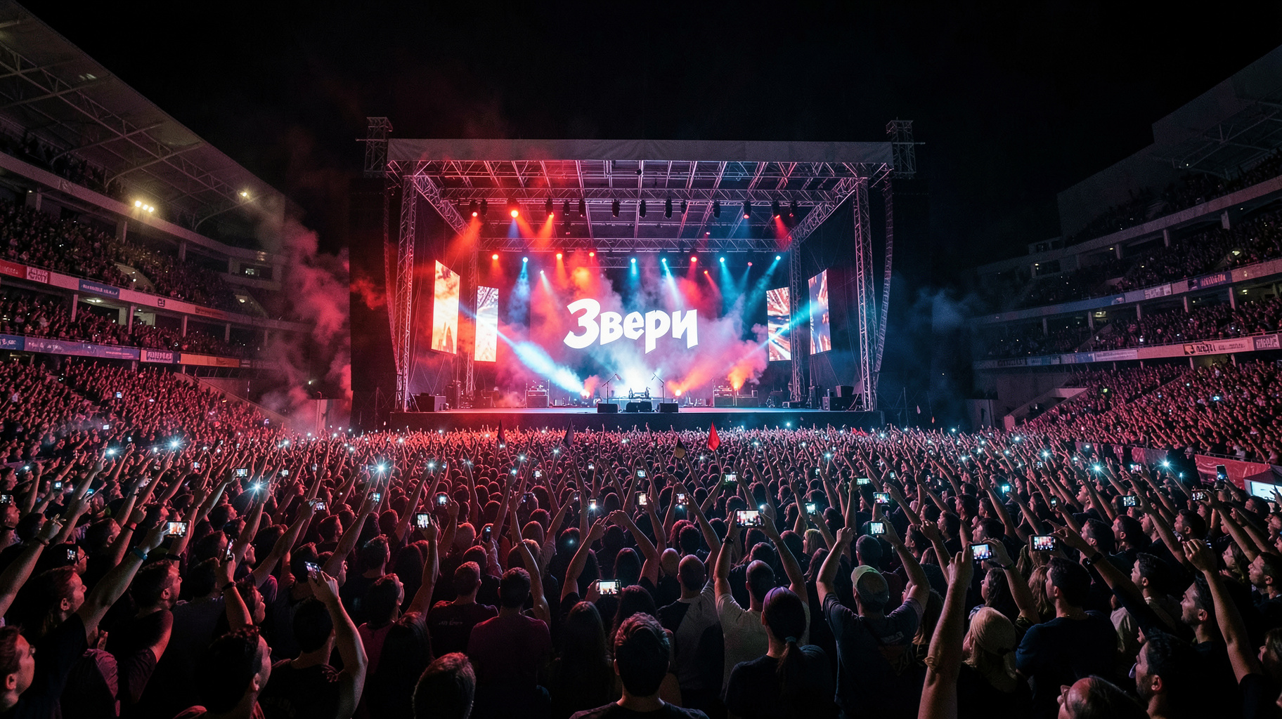 Massive Moscow stadium rock concert with a Звери LED screen behind the stage