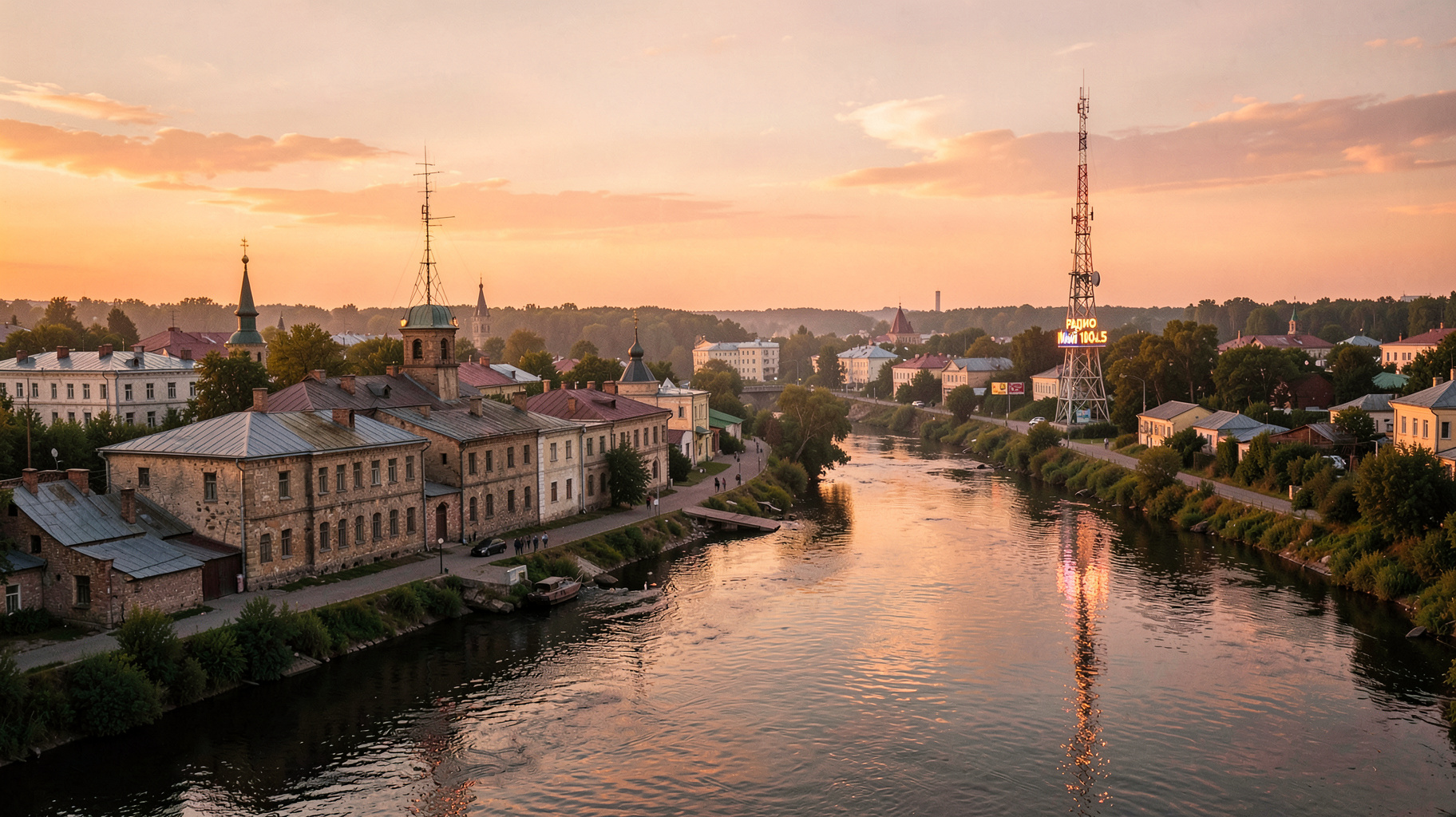 Golden hour view of a Ukrainian riverside city with a radio antenna tower and a sign reading Радио Май 104.5
