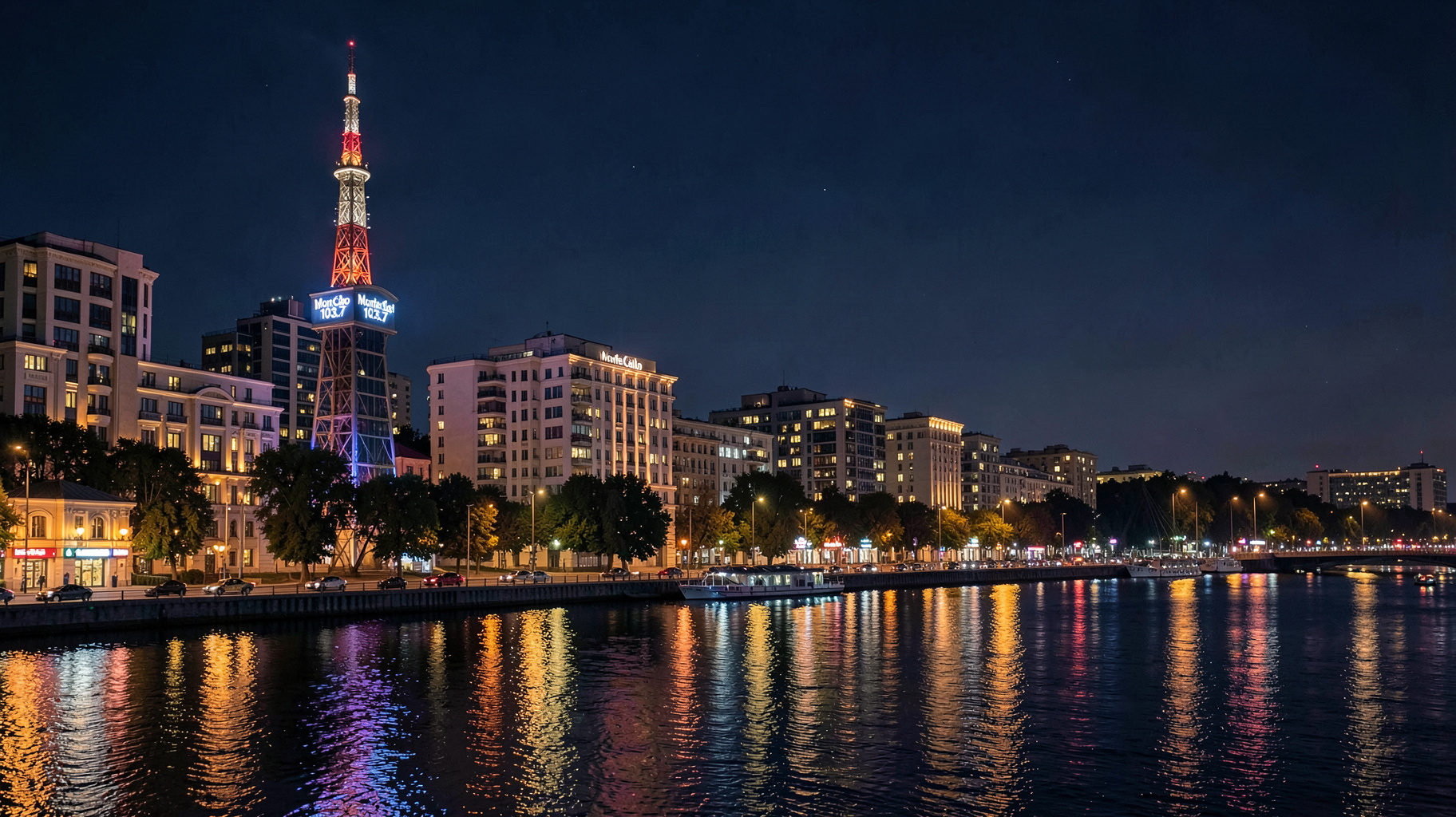 A glamorous riverside cityscape at night in Rostov-on-Don with a glowing sign reading Monte Carlo 103.7