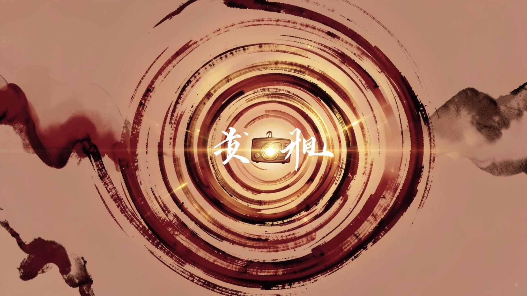 An abstract radio wave visualization in Chinese ink brush style with warm gold and red tones and the text Sound of Hope woven into the design