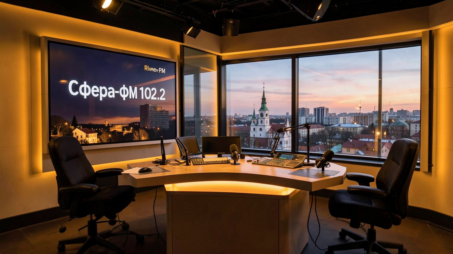 A warm amber-toned radio studio in Rivne, Ukraine with a display reading Сфера-ФМ 102.2
