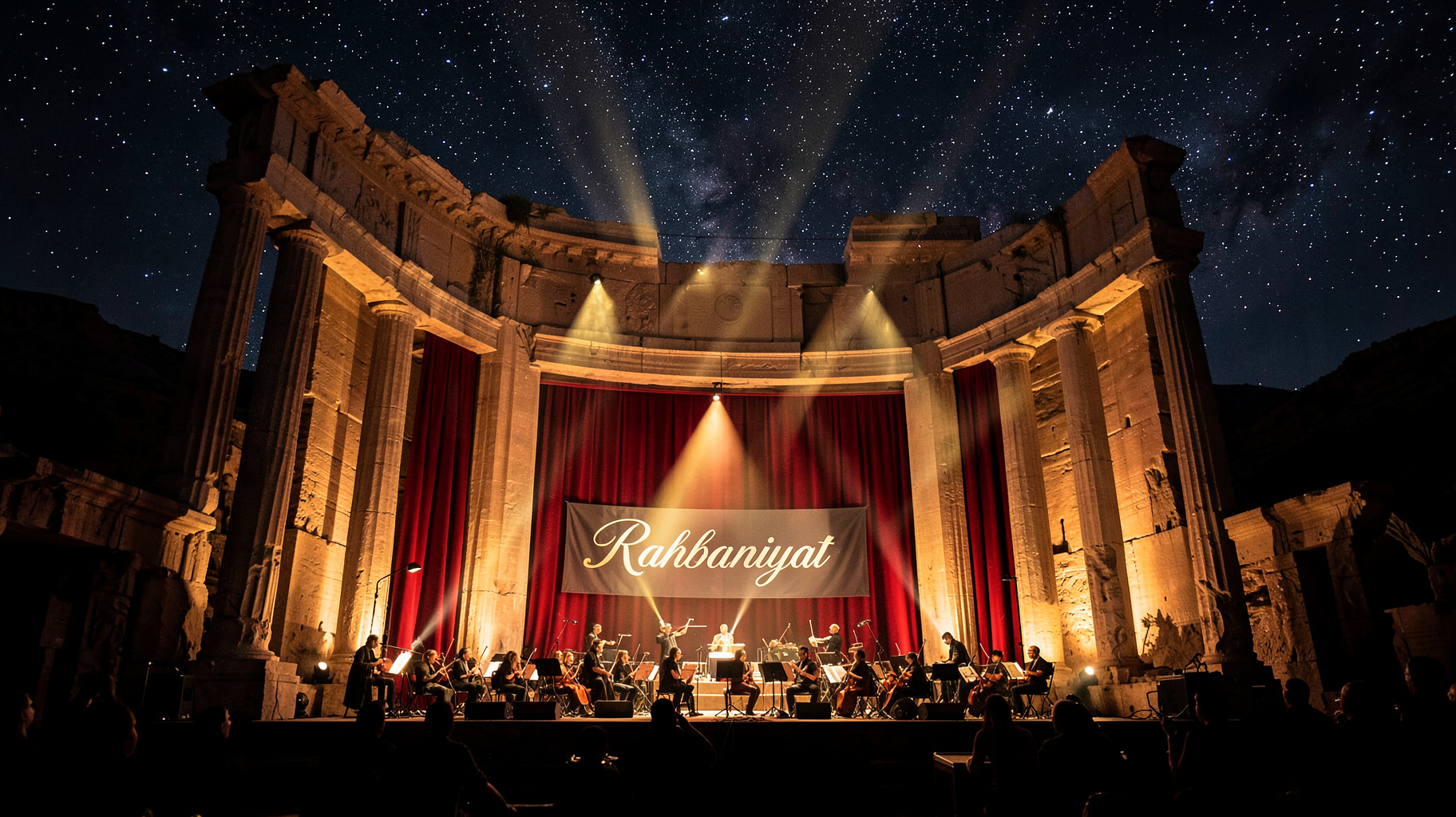The ancient Roman amphitheater at Baalbek, Lebanon lit up at night for a theatrical performance with a banner reading Rahbaniyat above the stage