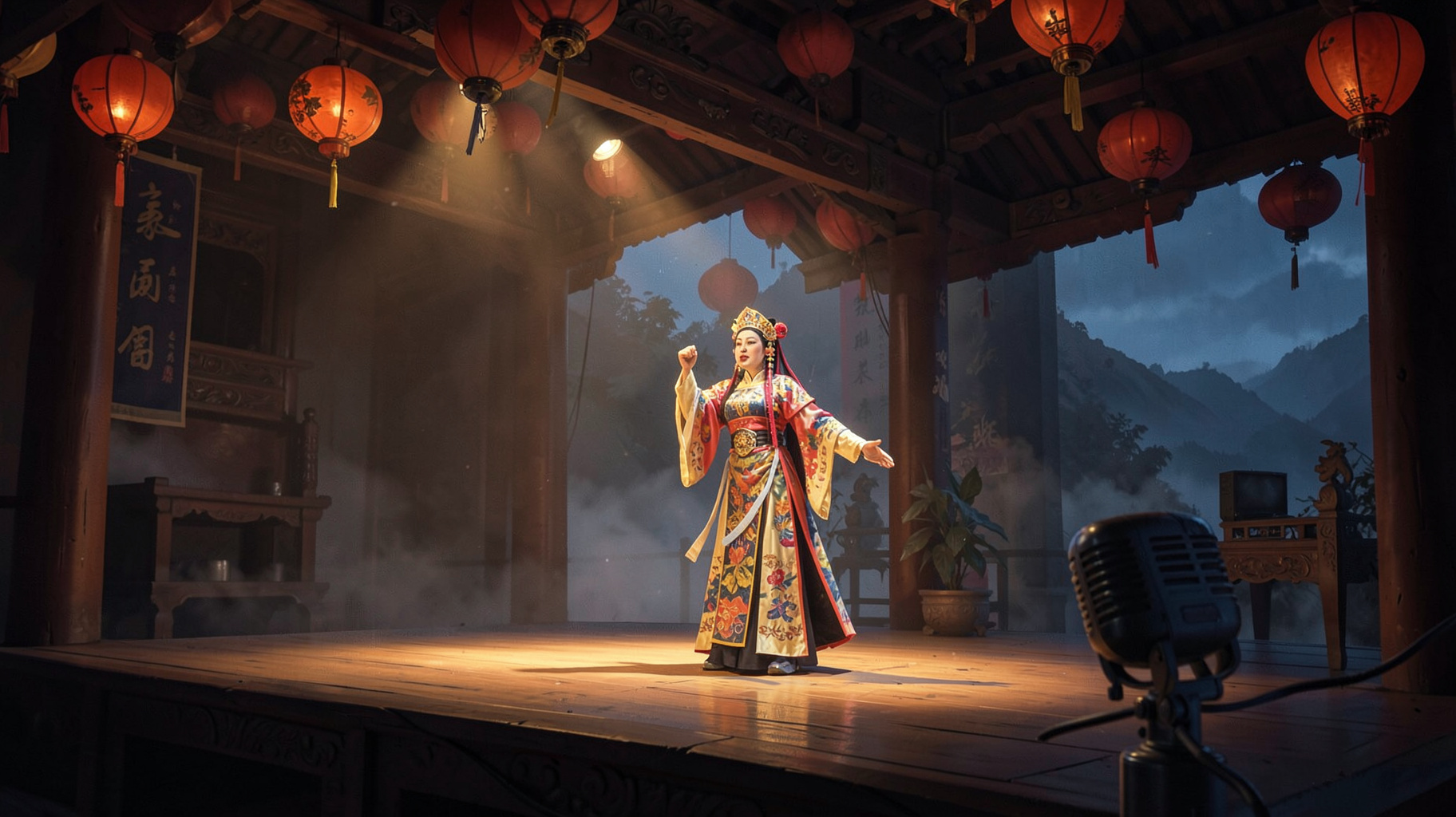 A performer in ornate Huangmei opera costume on a traditional Chinese stage at night with red lanterns and a radio microphone in the foreground