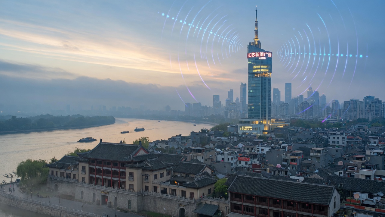 The Nanjing skyline at dawn along the Yangtze River with a modern broadcast tower emitting radio waves above the old city, a sign reading Jiangsu News Radio