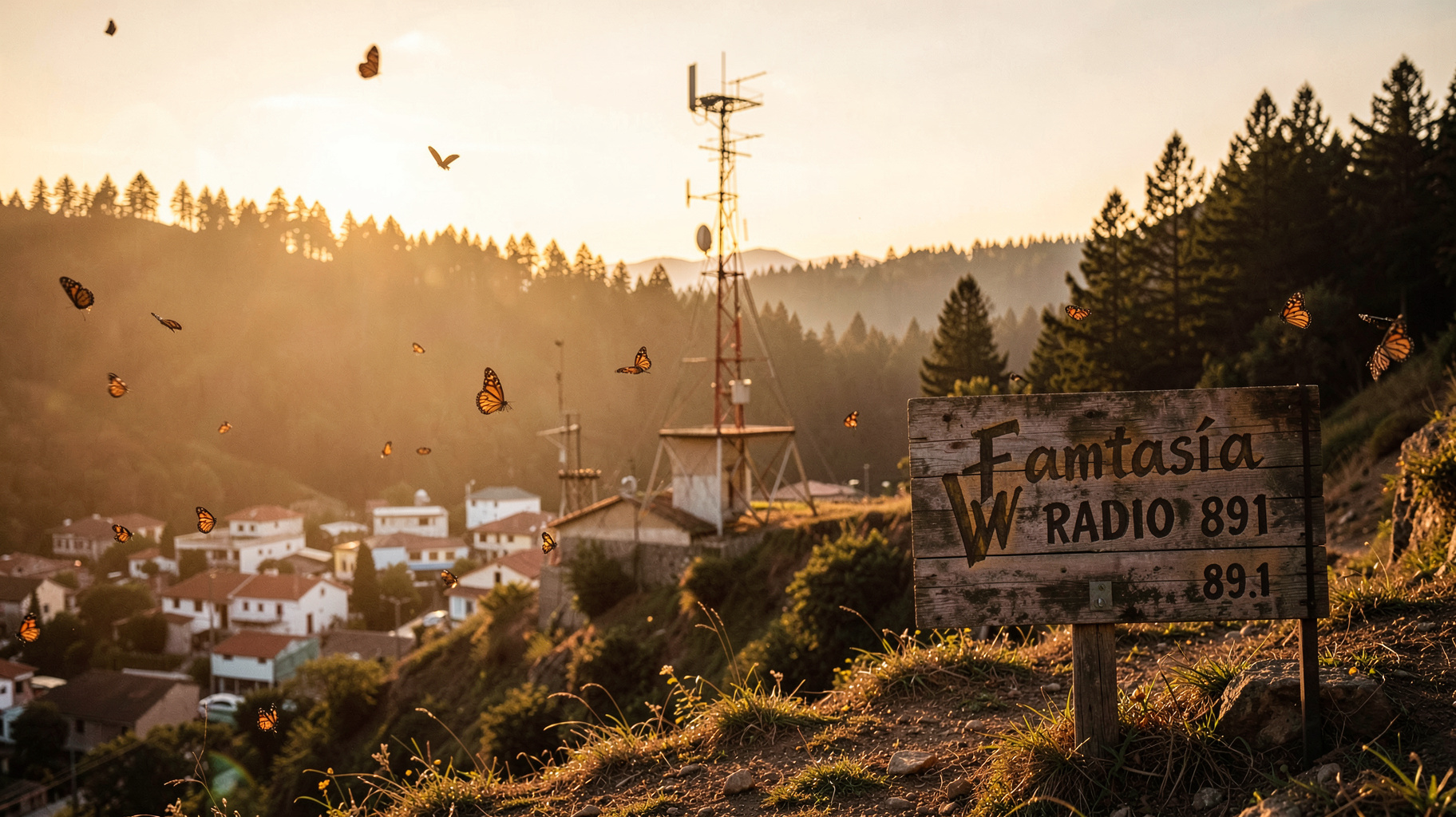 A community radio tower overlooking Zitácuaro, Michoacán at dusk with monarch butterflies drifting past a sign reading Fantasía W Radio 89.1