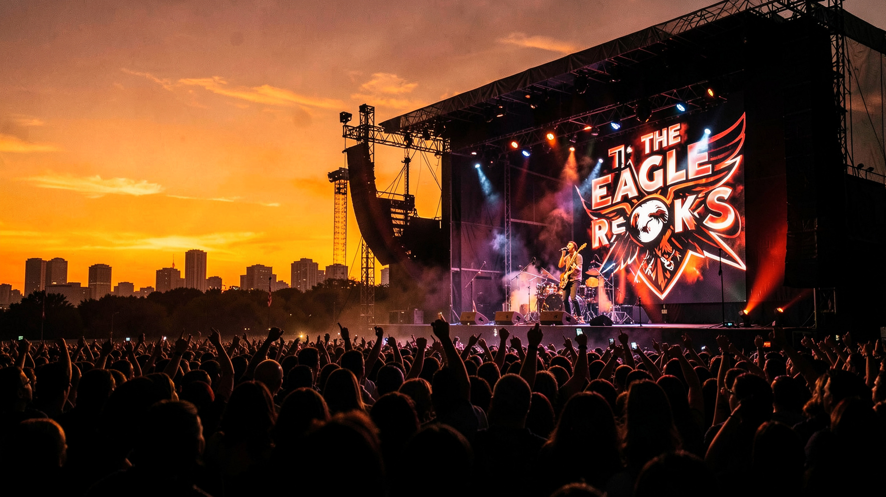 A packed outdoor rock concert crowd silhouetted against the Dallas skyline with a stage screen reading The Eagle Rocks