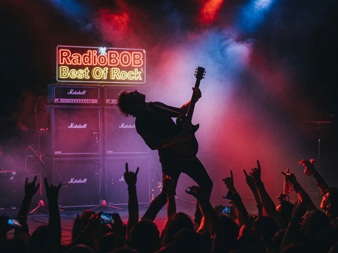 A classic rock guitarist silhouette on a smoky concert stage with a glowing RadioBOB Best Of Rock sign