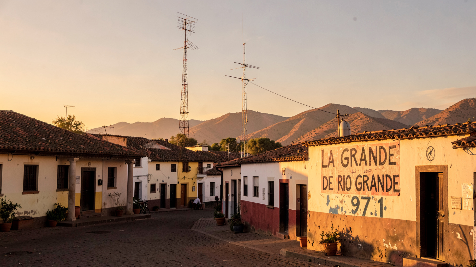 A Zacatecas town square in Rio Grande Mexico at golden hour with a radio antenna and a sign for La Grande de Rio Grande 97.1