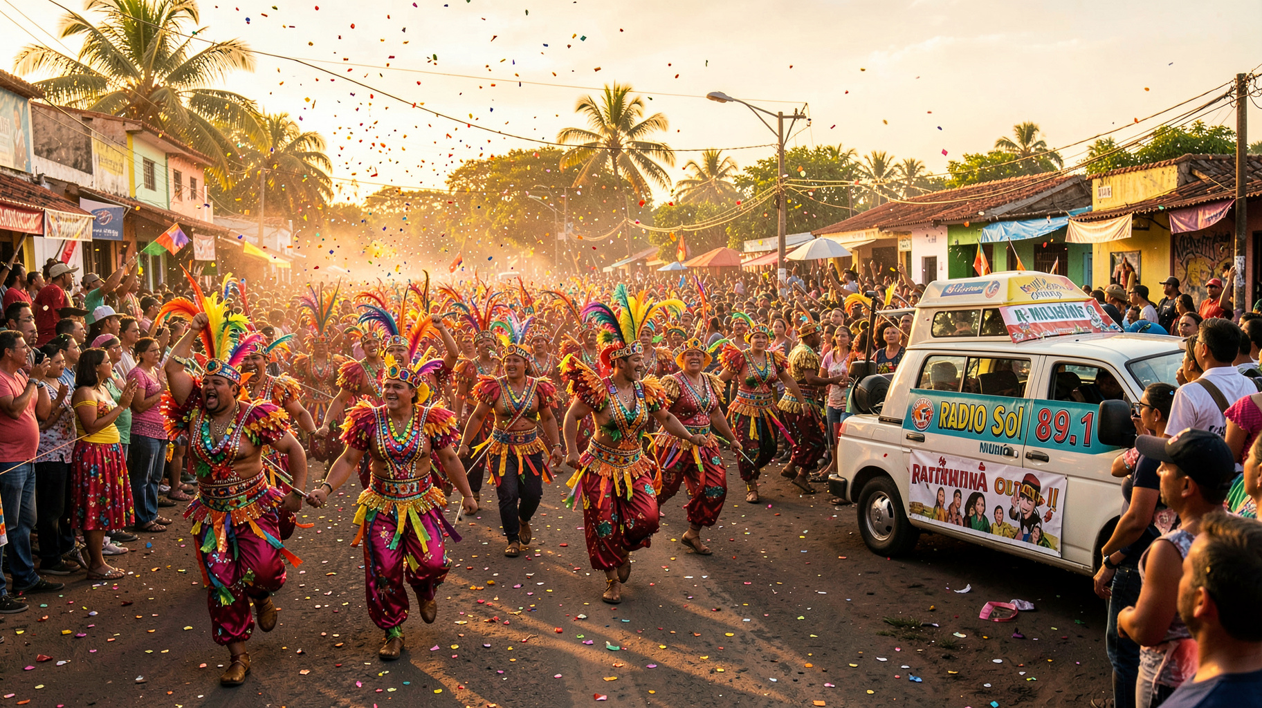 A vibrant carnival street parade in Maturín, Venezuela with a radio van reading Radio Sol 89.1