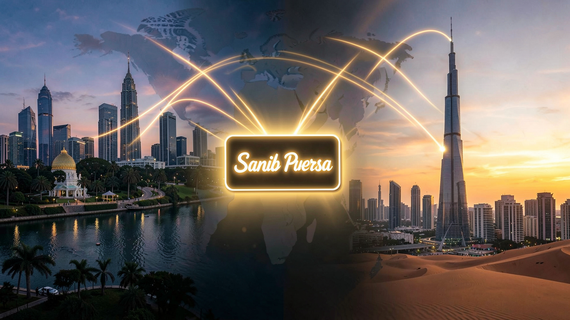 Split skyline of Manila and Riyadh connected by glowing radio waves with a sign reading Sanib Pwersa