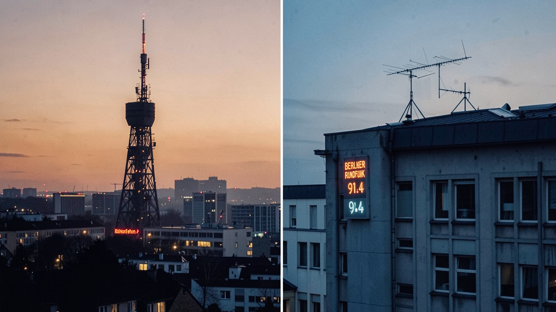 A Berlin skyline at dusk blending Cold War era architecture with a glowing sign reading Berliner Rundfunk 91.4