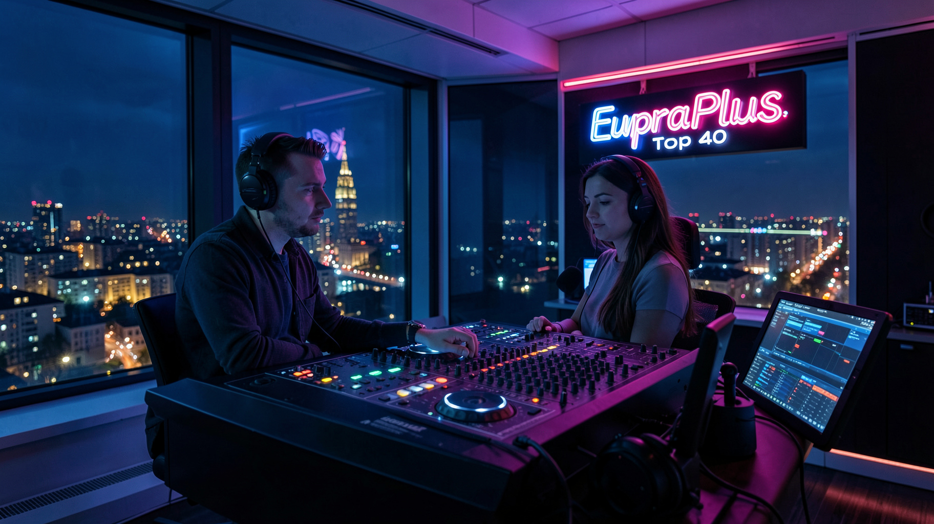Moscow radio studio at night representing EuropaPlus Top 40