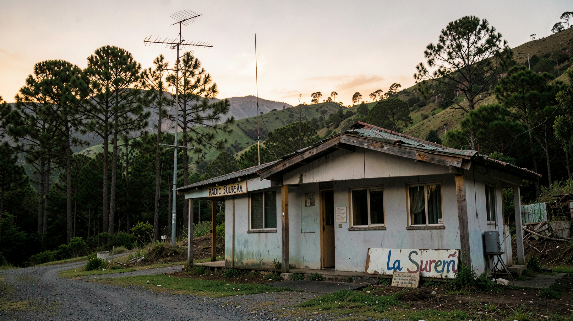 A small rural radio station building in southern Chile with a sign reading Radio la Sureña