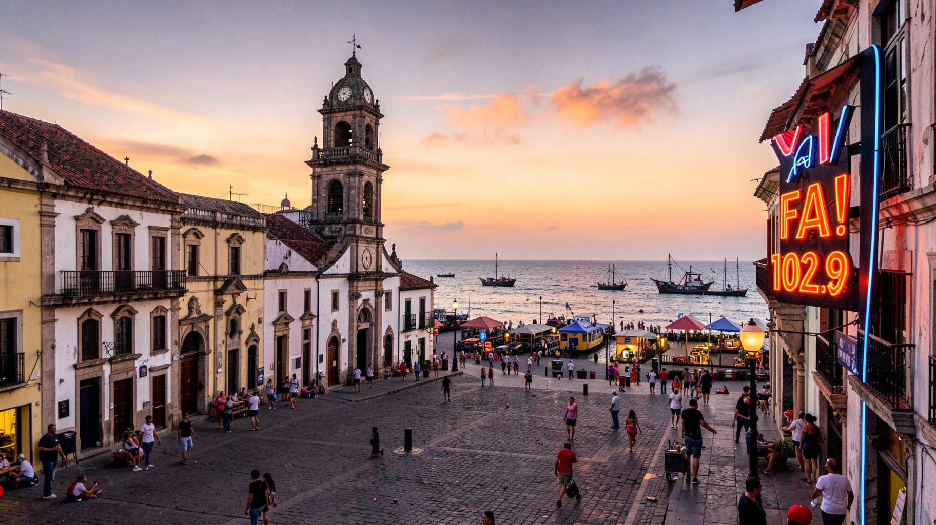 The historic waterfront of Veracruz, Mexico at sunset with colonial architecture and a neon sign reading YA! FM 102.9
