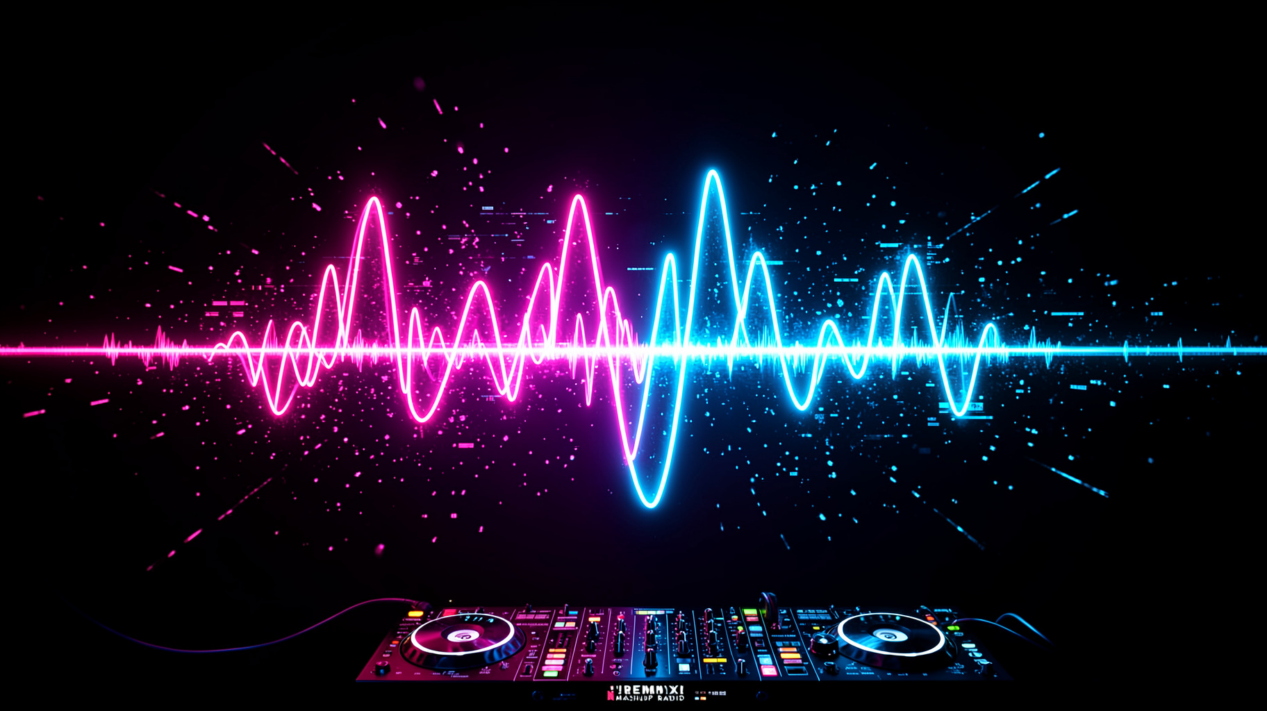 Abstract neon waveforms colliding above a DJ mixer displaying the text REMIX MASHUP RADIO