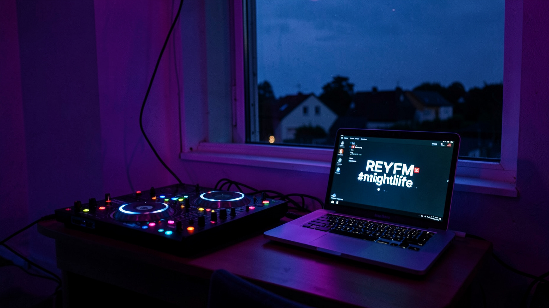 A compact home radio broadcast setup at night with a screen showing REYFM #nightlife