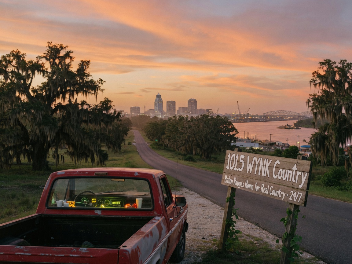 A Louisiana country road at golden hour lined with moss-draped oak trees leading toward the Baton Rouge skyline, a vintage pickup truck with a roadside sign reading 101.5 WYNK Country