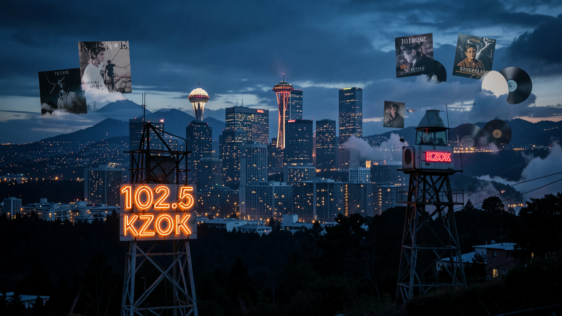The Seattle skyline at dusk with a radio tower and a neon sign reading 102.5 KZOK