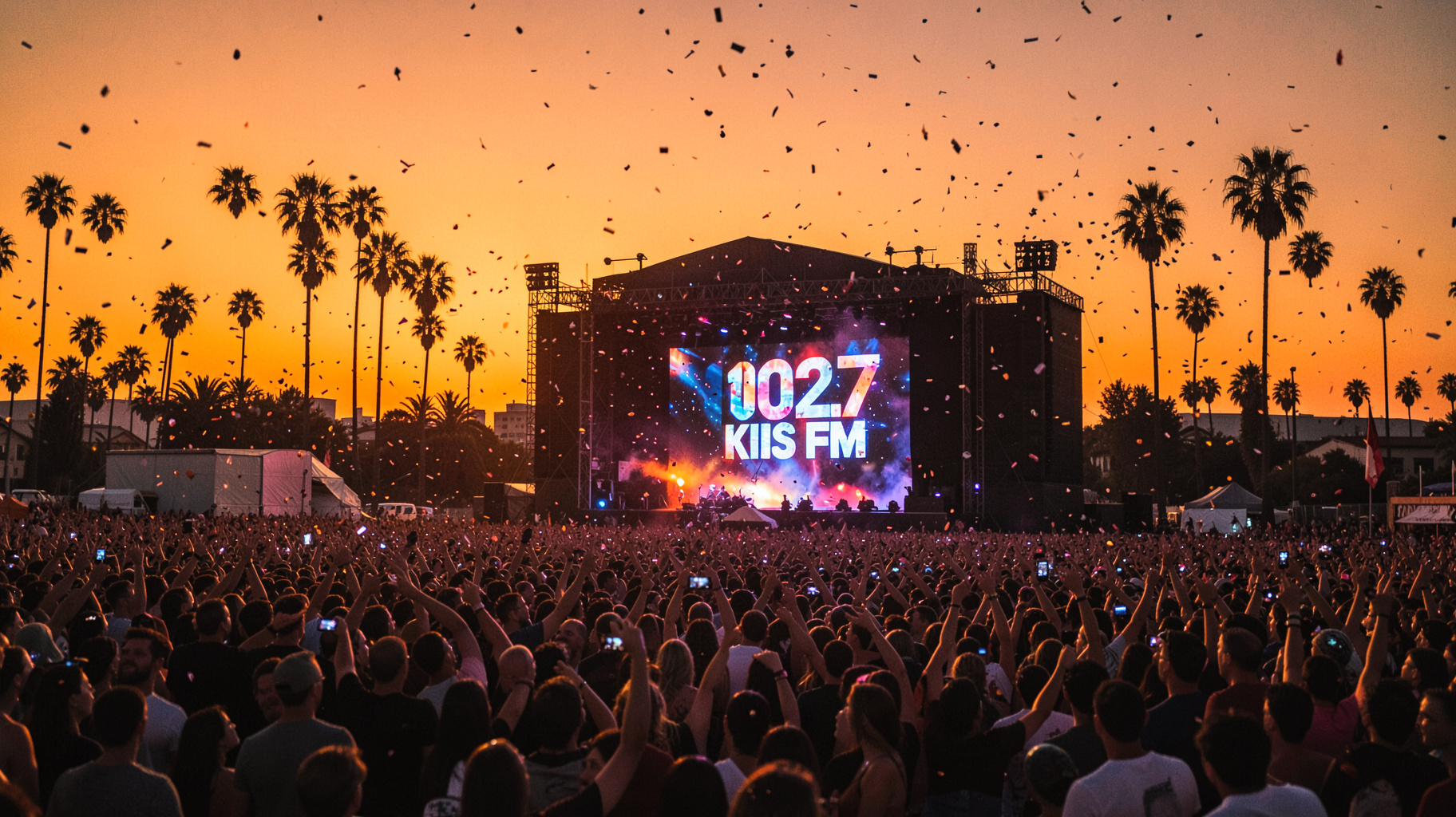 A massive outdoor pop music festival crowd at sunset in Los Angeles with a stage screen reading 102.7 KIIS FM