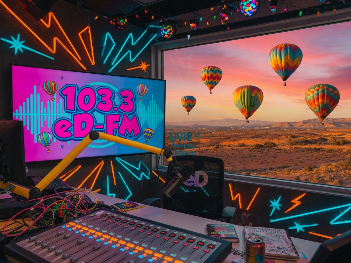 A colorful Albuquerque radio DJ booth at sunset with hot air balloons visible through the window, representing 103.3 eD-FM