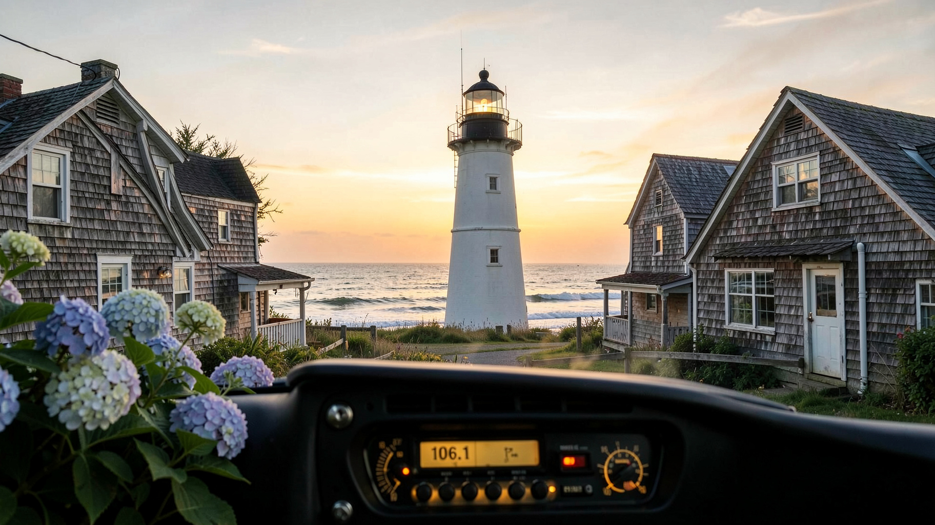 A Cape Cod lighthouse at sunset with a vintage car radio dial glowing at 106.1