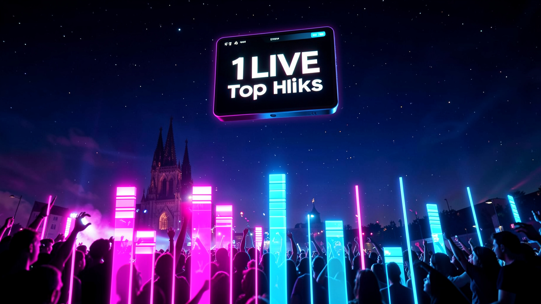 Glowing equalizer bars against the Cologne skyline with a display reading 1LIVE Top Hits