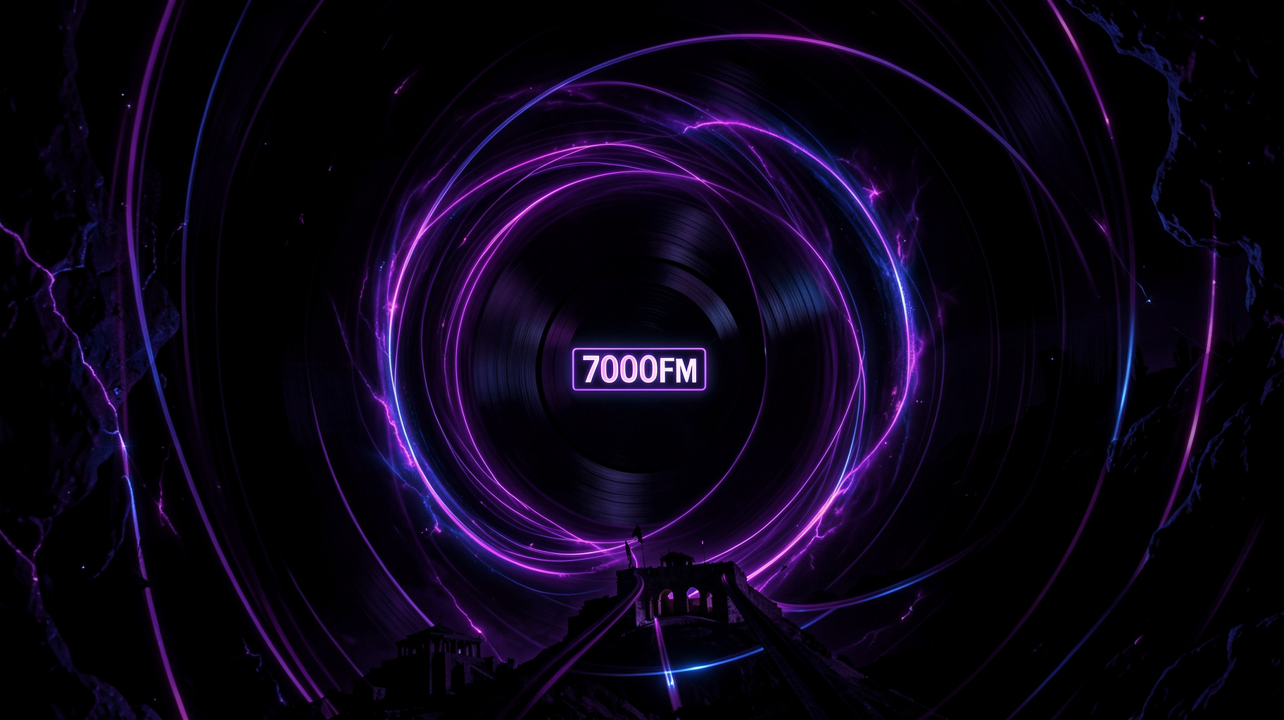 An abstract neon black hole pulling in the Athens skyline with a glowing sign reading 7000FM