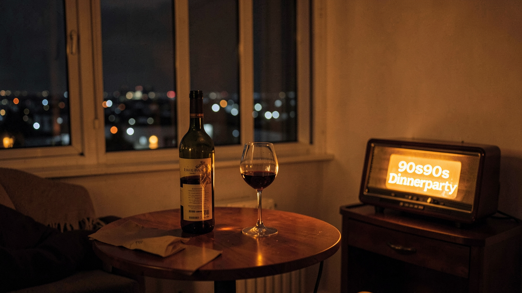A candlelit dinner party scene in a Berlin apartment with a vintage radio glowing beside a bottle of wine