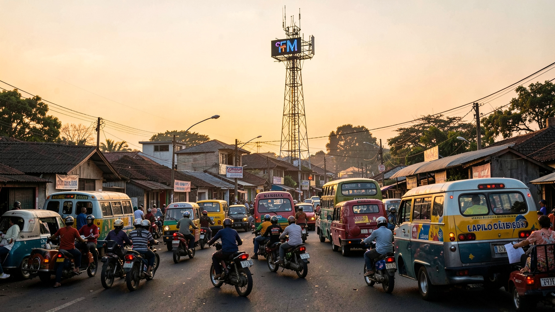 A bustling Kampala street at sunrise with a radio tower reading Capital FM 91.3