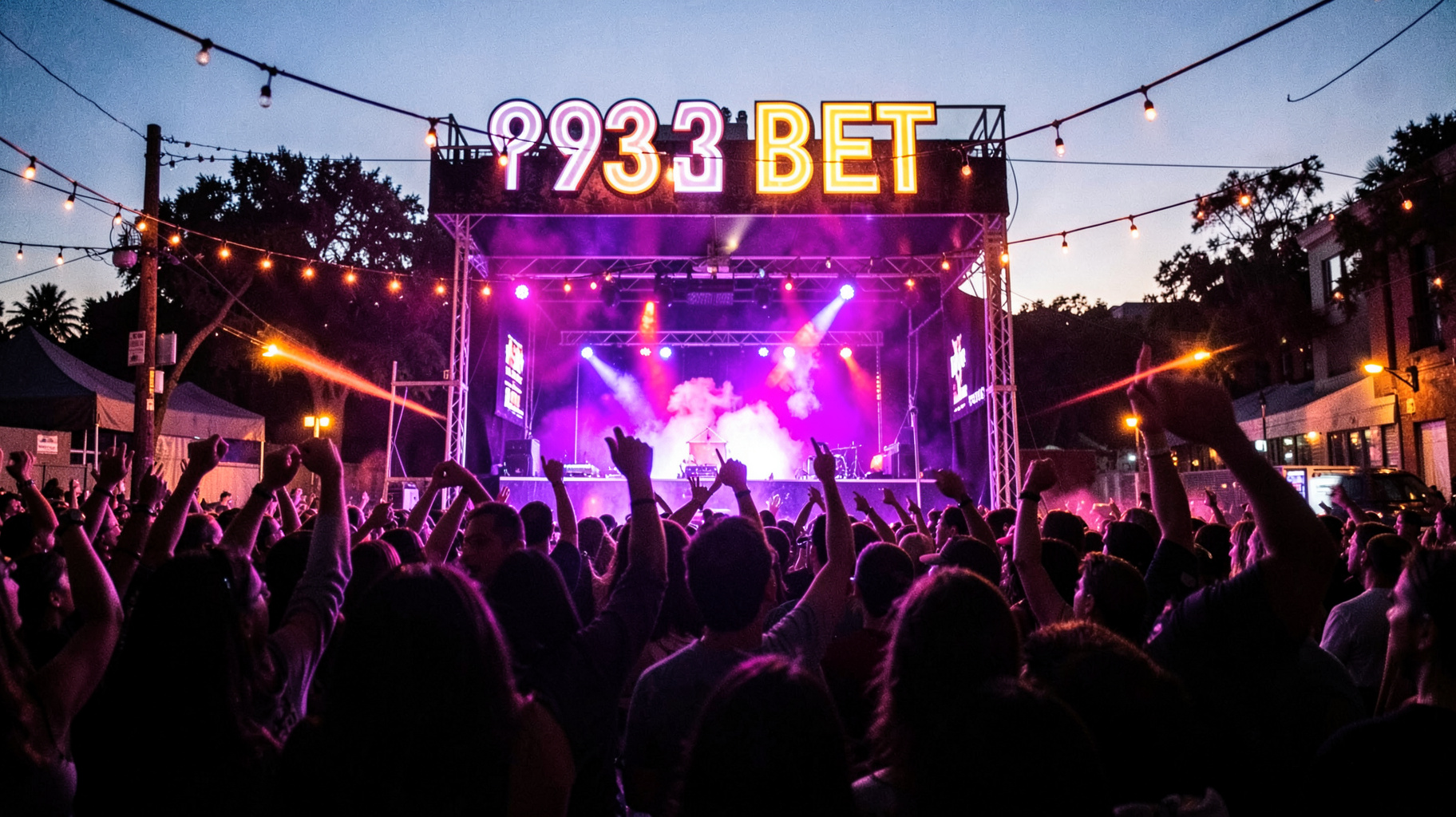 An energetic outdoor hip-hop block party in Jacksonville with a sign reading 93.3 The Beat above the stage